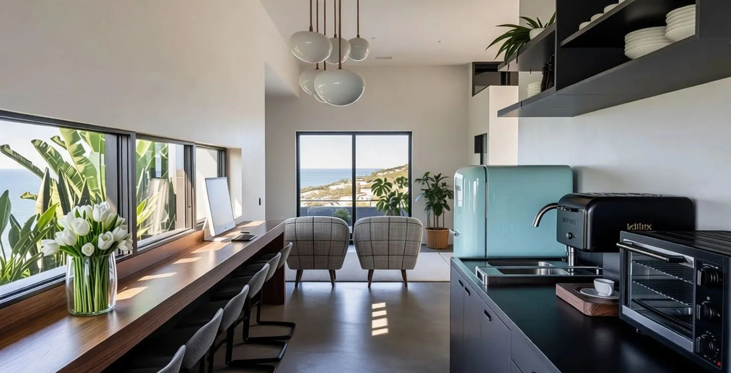Built-in study console set along a window of hills, with sculpted pendants overhead.